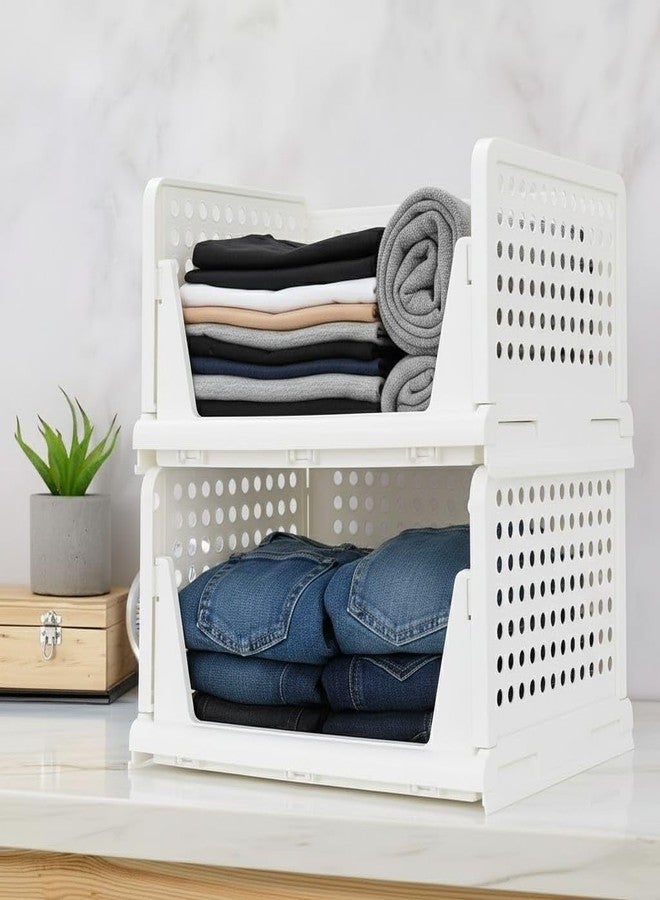 MECHDEL Wardrobe Organizer for Storage/Polypropylene Foldable & Stackable Closet Basket/Cupboard Organizer for Clothes/Mounted Closet Systems (FOLDABLE BASKET-WHITE, 2PCS) - Image 1